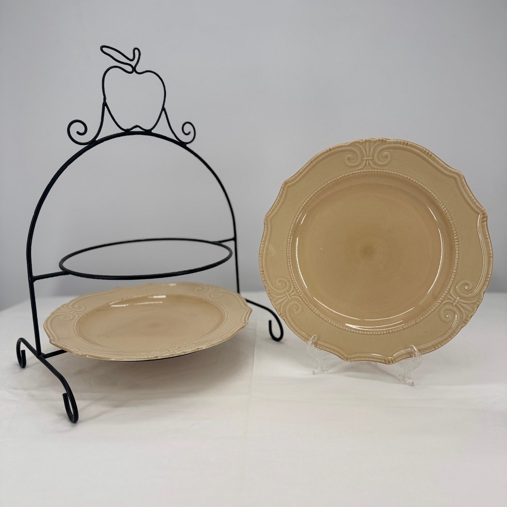 2 Tier Serving Stand with Apple Motif and Scalloped Tan Ceramic Plates - Picture 3 of 6